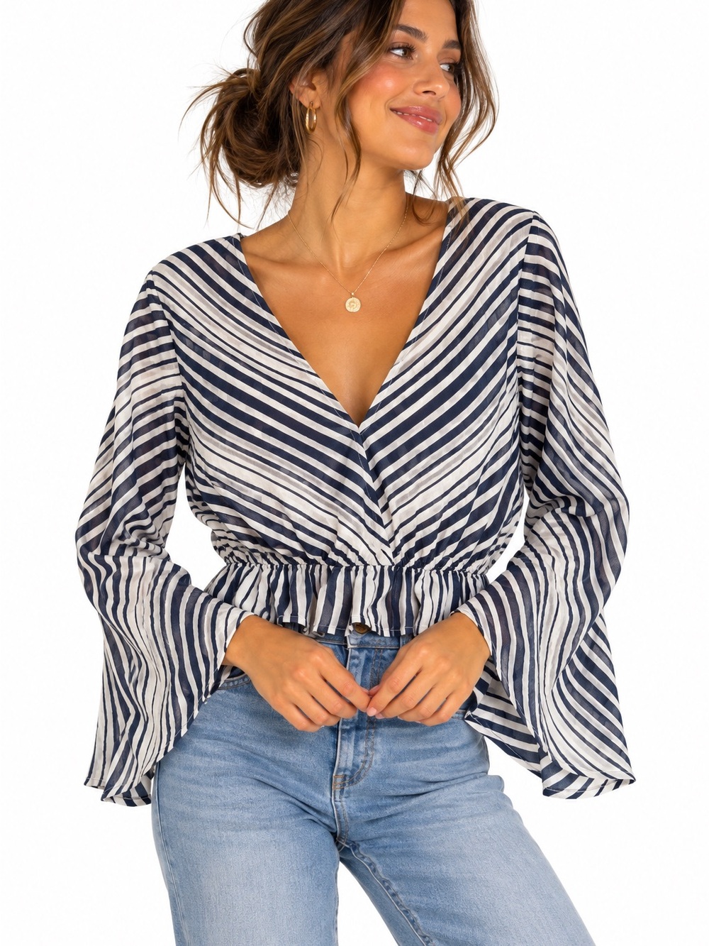 💗5 for $25💗 Express Striped V-Neck Elastic Waist Cropped Blouse - Navy & White